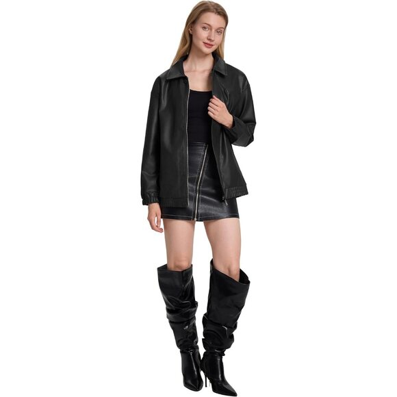 Women's Black Faux Leather Zip-Up Jacket with Elastic Cuffs and Collar - Picture 7 of 7